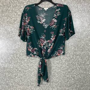 Charming Charlie Forest Green Floral Tie Front Top - Size Small - Flutter Sleeve